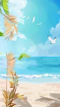 Seagulls soar above a pristine beachfront where palm fronds sway, capturing the lively spirit of a tropical beach under a clear sky.