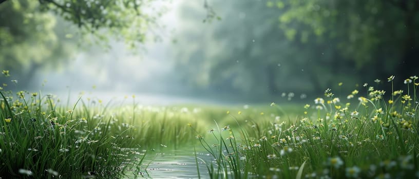 Morning mist hovers over a tranquil lakeside, where delicate wildflowers dot the water's edge. The quietude of nature's awakening is palpable in this soothing landscape.