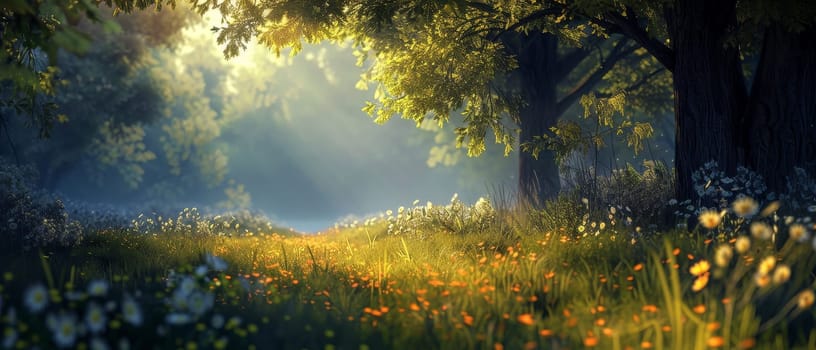 Sunlight filters through an ethereal forest, casting a golden glow over wildflowers and dew-kissed grass. The scene evokes a sense of peace and the magic of early morning in nature.