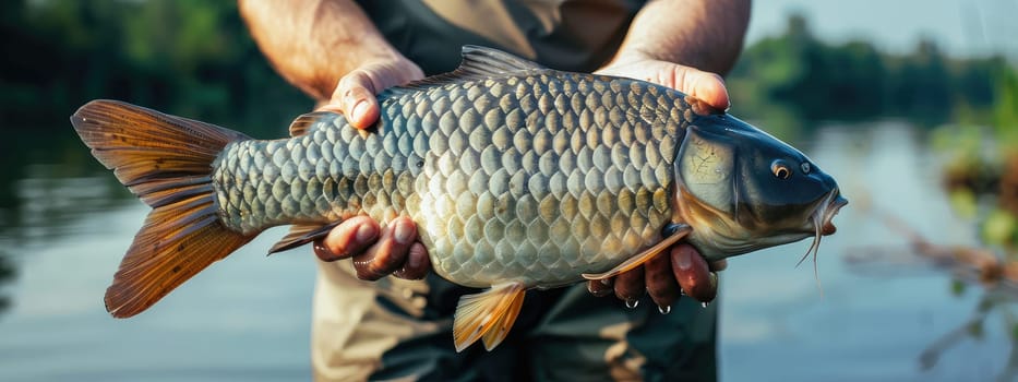 The fisherman holds a big fish in his hands. Selective focus. nature.