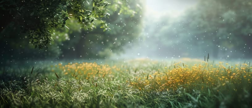 A gentle rain falls over a golden meadow, the droplets creating a soft melody as they meet the earth. The lush greenery provides a stark contrast to the vibrant yellow wildflowers.