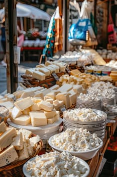 Homemade dairy products on a market counter. Selective focus. food.