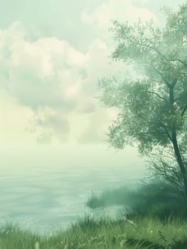 A serene lakeside morning is depicted with soft pastel colors, as a solitary tree watches over the calm waters. The ethereal clouds add a dreamy quality to the tranquil scene.