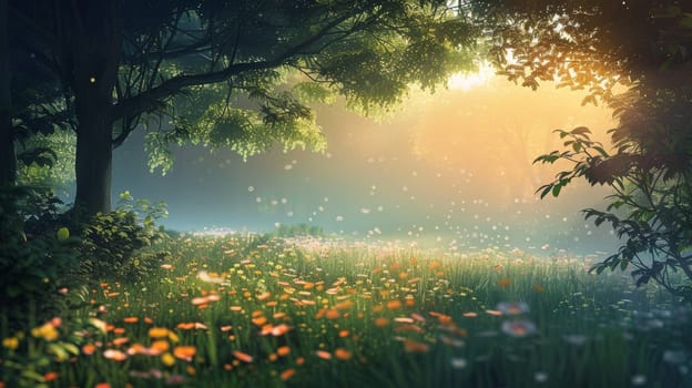 Morning light filters through a verdant forest, illuminating a meadow dotted with wildflowers and dancing particles in the air. The scene captures a moment of nature's quiet awakening.