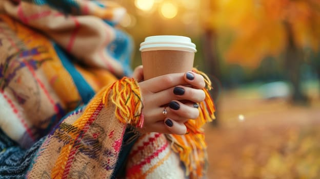 A glass of coffee in a woman's hand in the park. Selective focus. nature.