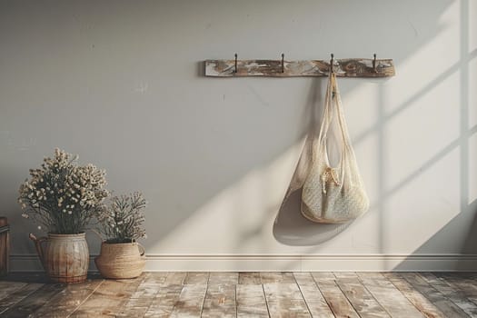 A mesh string bag hanging on a hook on a white wall in a modern room with flowerpots.