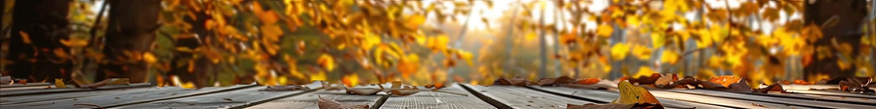 Wooden table in the autumn park. Selective focus. Nature.