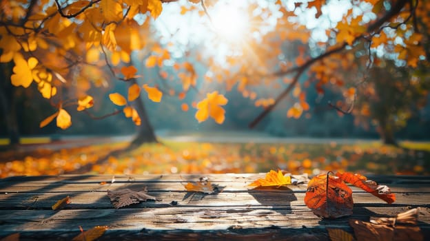 Wooden table in the autumn park. Selective focus. Nature.