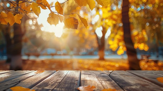 Wooden table in the autumn park. Selective focus. Nature.