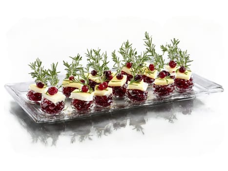 Canapes brie and cranberry with a sprig of thyme served on a transparent glass tray. Food isolated on transparent background.