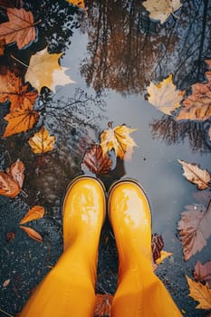 Autumn rubber boots and a puddle in the park. Selective focus. nature.