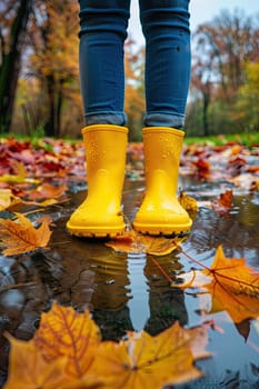 Autumn rubber boots and a puddle in the park. Selective focus. nature.