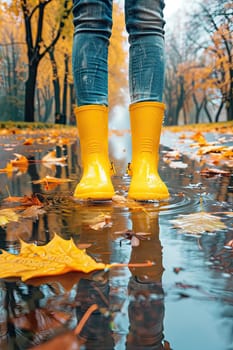 Autumn rubber boots and a puddle in the park. Selective focus. nature.