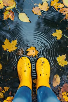 Autumn rubber boots and a puddle in the park. Selective focus. nature.