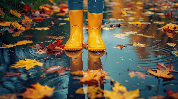 Autumn rubber boots and a puddle in the park. Selective focus. nature.