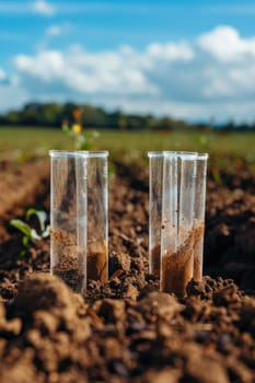 Test tubes with soil samples in nature. Selective focus. Nature.