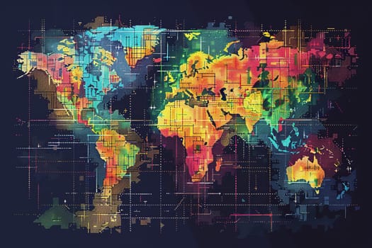 Bright world map with pixels and lines on a dark blue background.