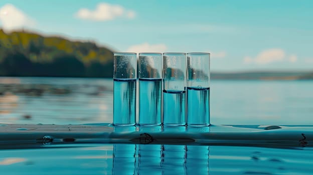 Water samples in test tubes on a pond. Selective focus. Nature.