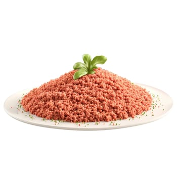 Ground beef fresh and crumbly with onion and garlic powder particles floating in a savory. Food isolated on transparent background.