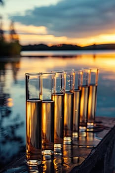 Water samples in test tubes on a pond. Selective focus. Nature.