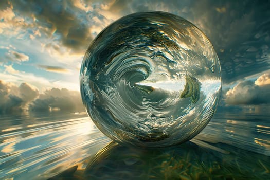 A transparent glass sphere with a reflection of the sky and grass on the water surface. Environment concept.