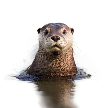 Animal isolated on transparent background. Playful river otter Lontra canadensis swimming gracefully sleek brown fur whiskered face Animal photography.