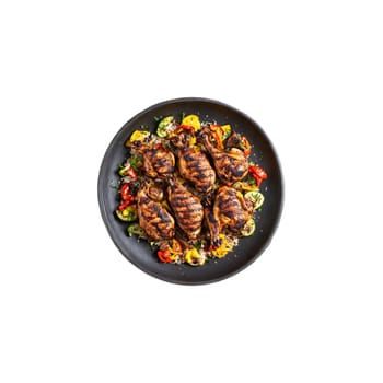 Jerk chicken with spicy seasoning grill marks floating and steaming Food and culinary concept. Food isolated on transparent background.