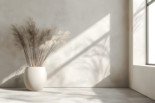 A flowerpot with dried grass is placed on a wooden table next to a rectangle window, casting shades on the floor. Twigs add a natural touch to the room, which also features a comfortable couch