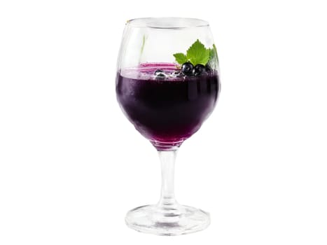 Blackcurrant Juice Deep purple blackcurrant juice in a modern angular glass blackcurrants and leaves dramatic. Drink isolated on transparent background.