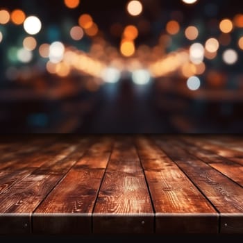 A wooden table is pictured with blurry lights in the background, creating a soft and warm ambiance.