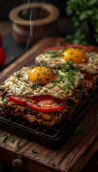 A closeup of a grilled sandwich with eggs and tomatoes, a delicious and comforting finger food made with fresh produce and baked goods