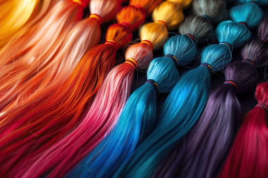 Straight strands of hair in bright colors. A palette with an example of hair dye.