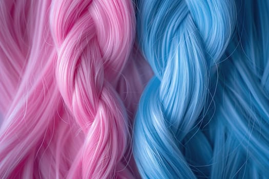 Pink and blue braids are braided on the girl's hair.