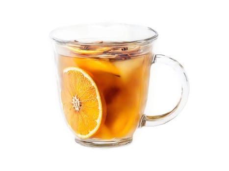 Autumn beverage mulled cider with cinnamon and orange slices served in a transparent glass mug. Food isolated on transparent background.
