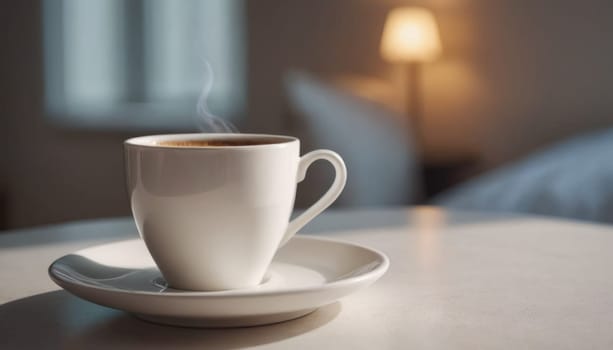 A hot cup of coffee on a saucer, set against a white background, casting a subtle shadow