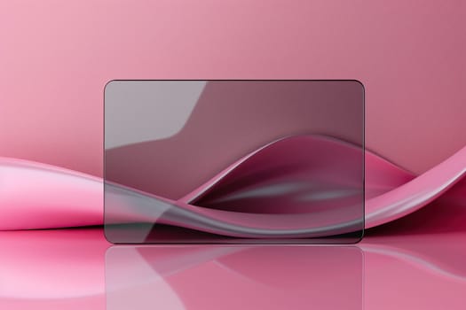 Horizontal pink background with glass morphism effect. Transparent glass rectangular card with a wavy pattern on a pink background.