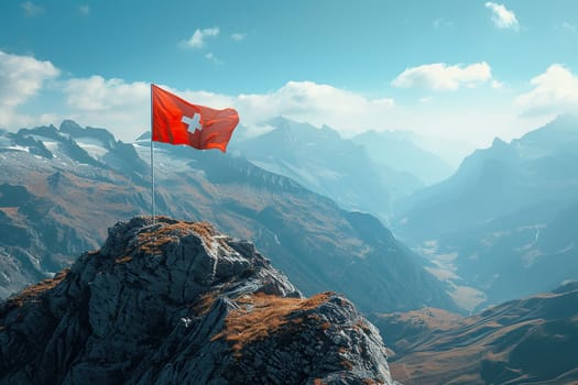 Swiss flag on a background of beautiful mountains on a sunny day.