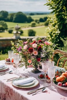 Country tablescape, formal dinner table setting, table scape with strawberry decoration for wedding party and holiday event celebration, post-processed, generative ai