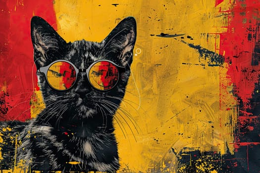 Banner, poster in grunge style with the image of a black cat in sunglasses.