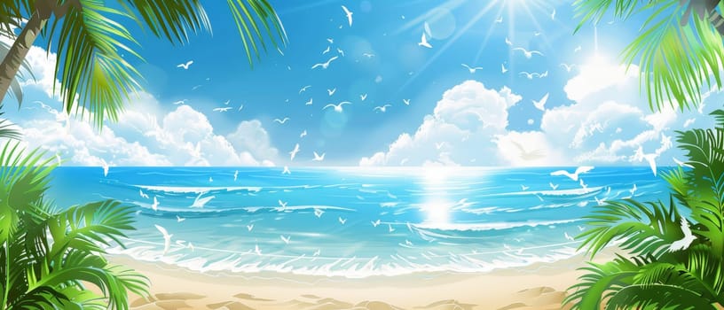 Seagulls soar over a vibrant tropical beach, their wings catching the sunlight against a backdrop of azure waters and lush palms.