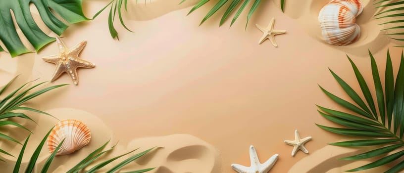 Palm leaves and sea treasures form a natural frame on a sandy background, perfect for summer themes and tropical designs.