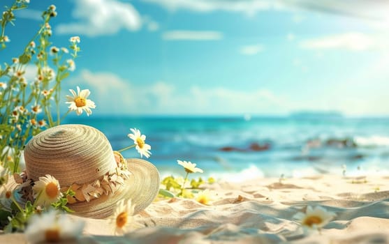 A woven sunhat adorned with daisies lies on a sandy beach, offering a serene ocean view under a clear blue sky. The scene captures the carefree essence of summer.