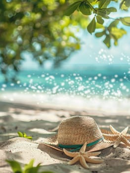 A straw hat rests on a sandy beach, accompanied by starfish under the shade of tropical foliage. This inviting scene captures the leisurely pace of a perfect beach getaway.