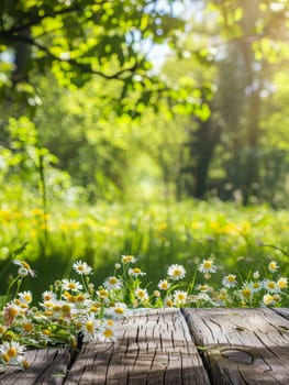 Dappled sunlight highlights a wooden surface framed by lush greenery, with a bouquet of wildflowers adding a touch of spring's joy. The scene embodies the freshness and beauty of a blooming meadow.