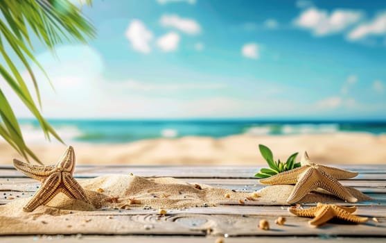 Starfish and seashells nestle in the sands on a wooden boardwalk, with a tranquil beach and azure sky in the distance. The scene inspires dreams of sunny beach days and ocean explorations.