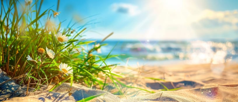 Wild daisies bloom among dune grasses on a sand dune, overlooking a dazzling ocean and sun-kissed beach in the warm light of sunset.