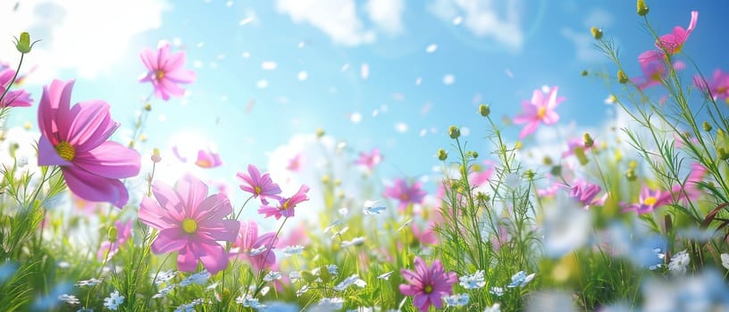 A field of pink cosmos flowers sways under a clear blue sky, giving the impression of a tranquil, ethereal dreamscape.