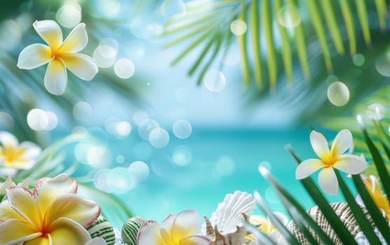 The serene beauty of frangipani flowers against the soft focus of palm leaves and ocean bokeh creates a tranquil tropical atmosphere.