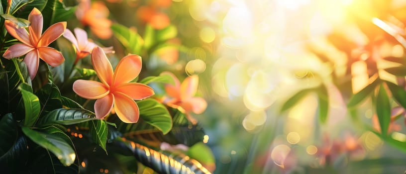 Plumeria flowers bask in the golden sunlight, their radiant hues enhanced by the lush tropical foliage in the background.