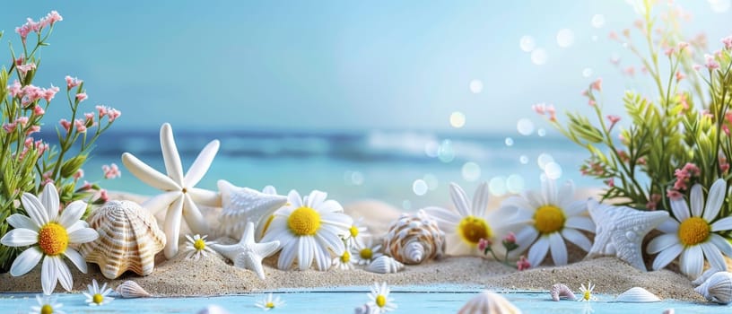 Starfish and seashells nestled in the sand, flanked by delicate daisies and pink blooms, set against a backdrop of a shimmering sea.